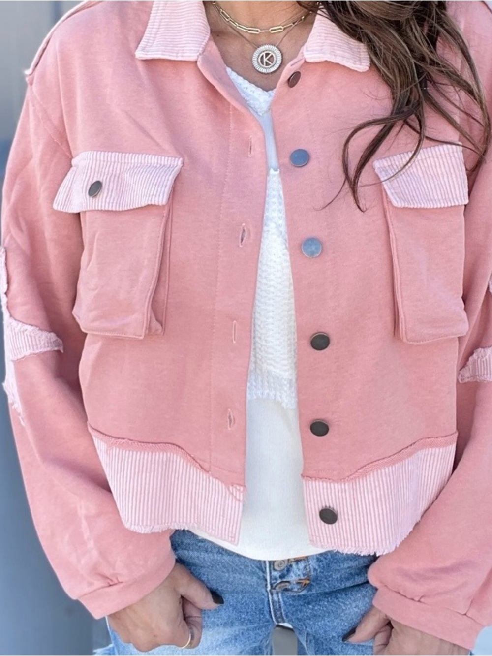 Pol Soft Pink/Peach Knit Jacket with Corduroy Trim